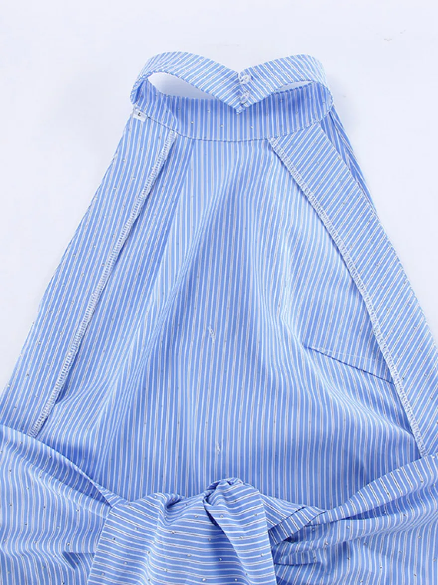 Débardeur bleu dos nu à strass et lacets sexy en coton pour femme