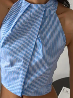 Débardeur bleu dos nu à strass et lacets sexy en coton pour femme