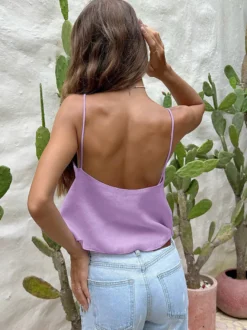 Débardeur bleu marine à bretelles col plissé chic en lin pour femme