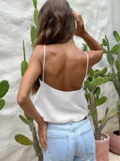 Débardeur bleu marine à bretelles col plissé chic en lin pour femme
