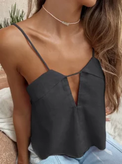 Débardeur bleu marine à bretelles col plissé chic en lin pour femme