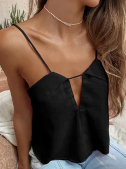 Débardeur bleu marine à bretelles col plissé chic en lin pour femme