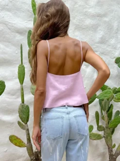 Débardeur bleu marine à bretelles col plissé chic en lin pour femme