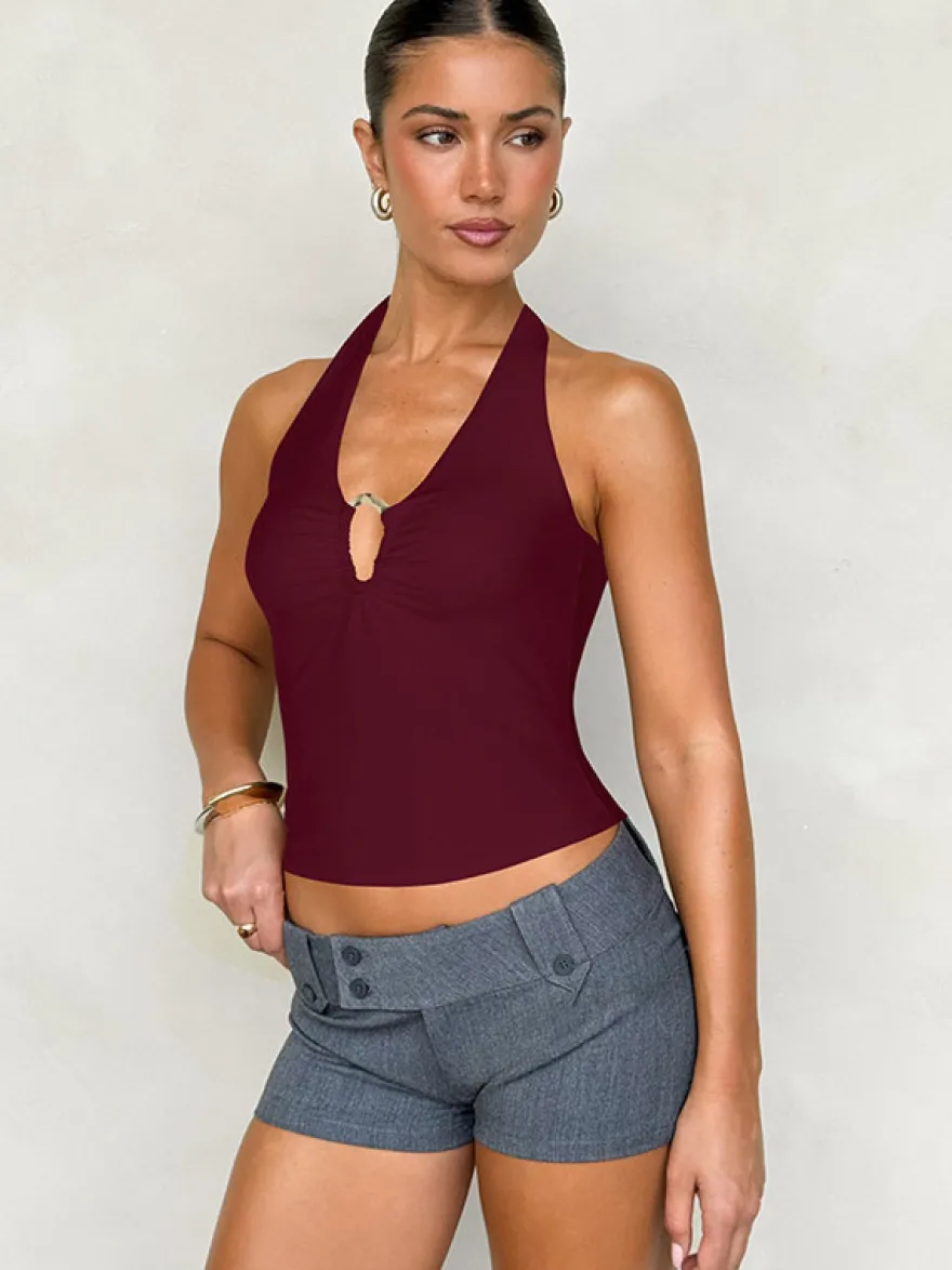 Débardeur bordeaux à bretelles laçage et boutons chic pour femme