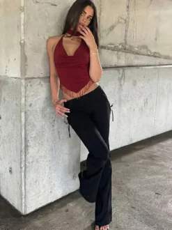Débardeur bordeaux à bretelles franges au col et épaules dénudées sexy pour femme