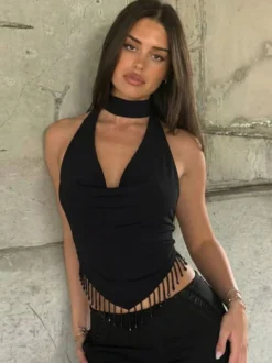 Débardeur bordeaux à bretelles franges au col et épaules dénudées sexy pour femme