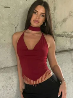 Débardeur bordeaux à bretelles franges au col et épaules dénudées sexy pour femme
