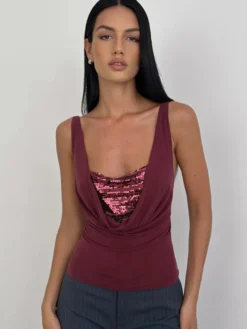 Débardeur à bretelles fines à col bénitier et sequins bordeaux décontracté pour femmes