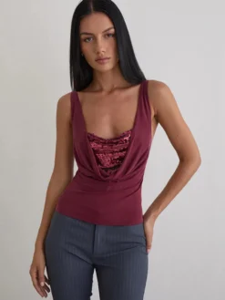 Débardeur à bretelles fines à col bénitier et sequins bordeaux décontracté pour femmes