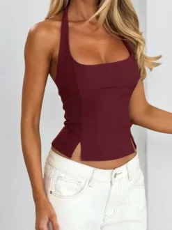 Débardeur court dos nu à bretelles - Camisole sexy Balletcore dos nu zippé - Débardeur slim Coquette Aesthetic Night Out 2026