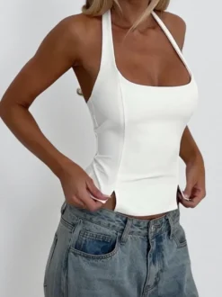 Débardeur court dos nu à bretelles - Camisole sexy Balletcore dos nu zippé - Débardeur slim Coquette Aesthetic Night Out 2026