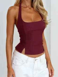 Débardeur court dos nu à bretelles - Camisole sexy Balletcore dos nu zippé - Débardeur slim Coquette Aesthetic Night Out 2026