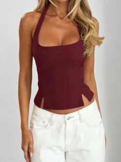 Débardeur court dos nu à bretelles - Camisole sexy Balletcore dos nu zippé - Débardeur slim Coquette Aesthetic Night Out 2026