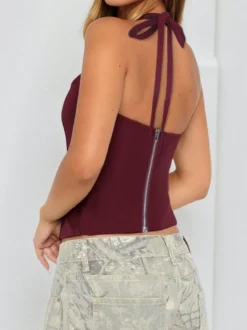 Débardeur court dos nu à bretelles - Camisole sexy Balletcore dos nu zippé - Débardeur slim Coquette Aesthetic Night Out 2026