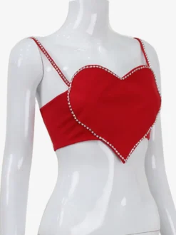 Débardeur court en forme de cœur pour femme - Camisole rouge strass style années 2000 - Club des festivals d'été 2026