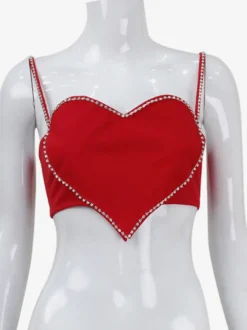 Débardeur court en forme de cœur pour femme - Camisole rouge strass style années 2000 - Club des festivals d'été 2026