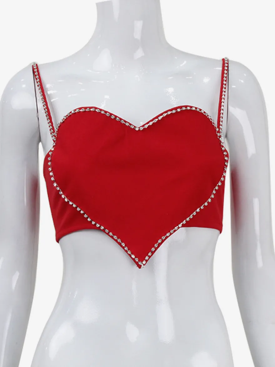 Débardeur court en forme de cœur pour femme - Camisole rouge strass style années 2000 - Club des festivals d'été 2026