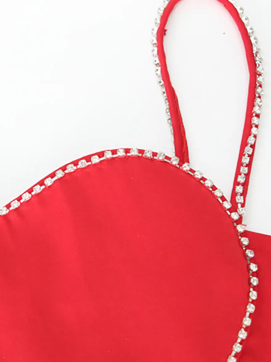 Débardeur court en forme de cœur pour femme - Camisole rouge strass style années 2000 - Club des festivals d'été 2026