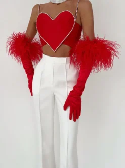 Débardeur court en forme de cœur pour femme - Camisole rouge strass style années 2000 - Club des festivals d'été 2026