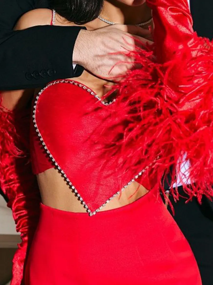 Débardeur court en forme de cœur pour femme - Camisole rouge strass style années 2000 - Club des festivals d'été 2026