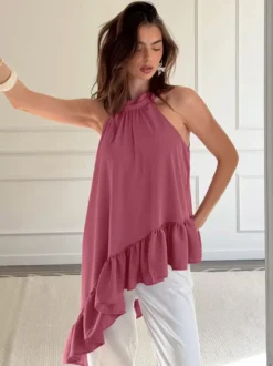 Débardeur dos nu rose poudré froncé ourlet asymétrique à volants blouse d'été fluide