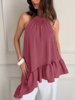 Débardeur dos nu rose poudré froncé ourlet asymétrique à volants blouse d'été fluide