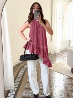 Débardeur dos nu rose poudré froncé ourlet asymétrique à volants blouse d'été fluide