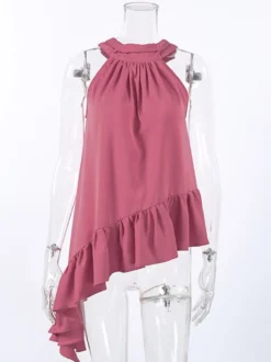 Débardeur dos nu rose poudré froncé ourlet asymétrique à volants blouse d'été fluide