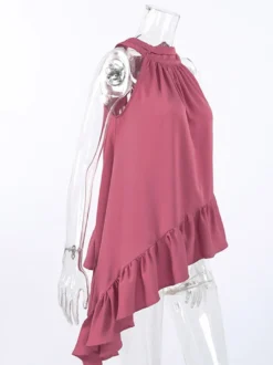 Débardeur dos nu rose poudré froncé ourlet asymétrique à volants blouse d'été fluide