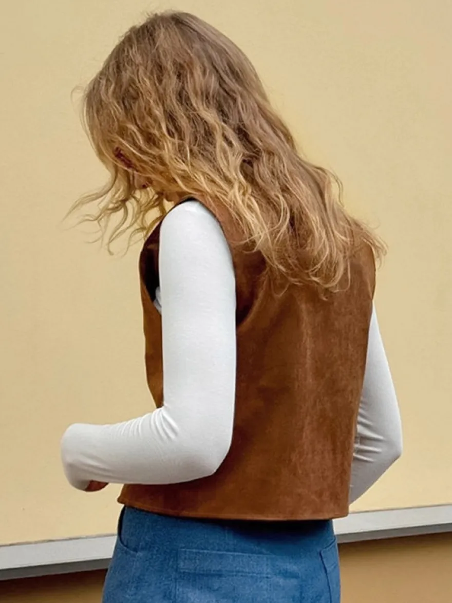 Débardeur kaki à col V vêtements chics débardeurs en daim pour femmes