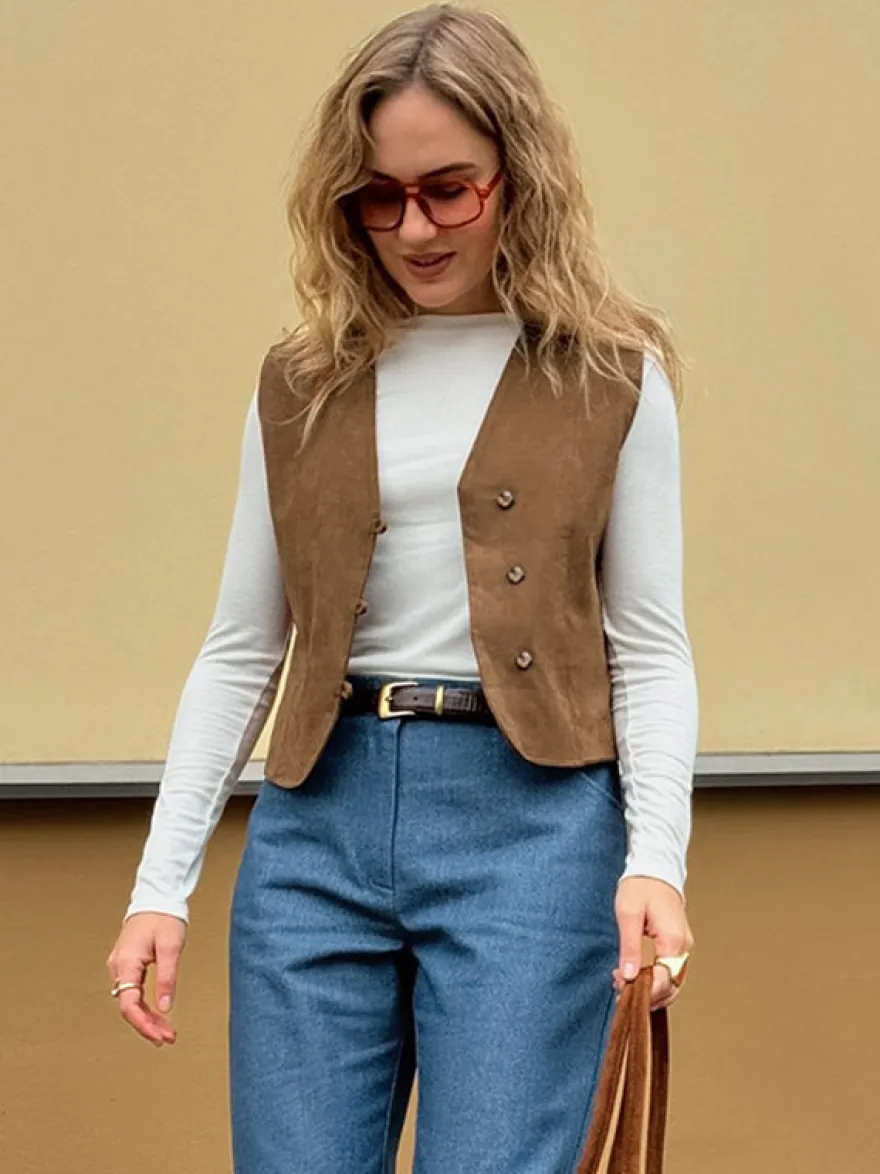 Débardeur kaki à col V vêtements chics débardeurs en daim pour femmes