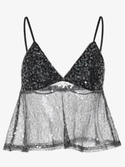 Débardeur noir à bretelles fines et dentelle au col sexy en polyester pour femme