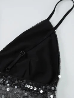 Débardeur noir à bretelles fines et dentelle au col sexy en polyester pour femme