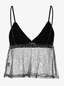 Débardeur noir à bretelles fines et dentelle au col sexy en polyester pour femme