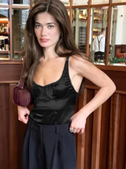 Débardeur noir à col carré plissé style décontracté pour femme été