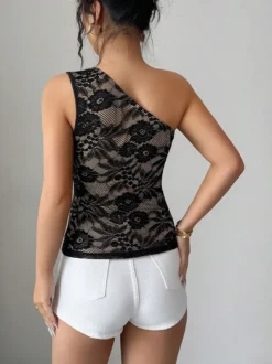 Débardeur noir à col cranté imprimé floral dentelle style décontracté en nylon pour femme