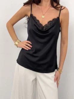 Débardeur noir à col en V en dentelle chic pour femmes