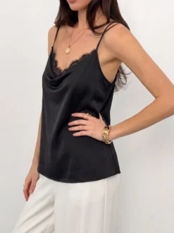 Débardeur noir à col en V en dentelle chic pour femmes