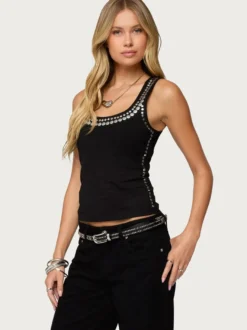 Débardeur noir à col rond et rivets style camisole sexy pour femme
