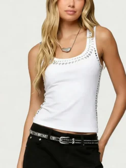 Débardeur noir à col rond et rivets style camisole sexy pour femme