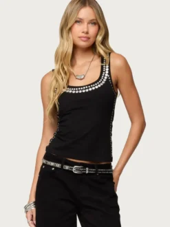 Débardeur noir à col rond et rivets style camisole sexy pour femme