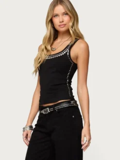 Débardeur noir à col rond et rivets style camisole sexy pour femme