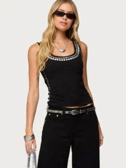 Débardeur noir à col rond et rivets style camisole sexy pour femme