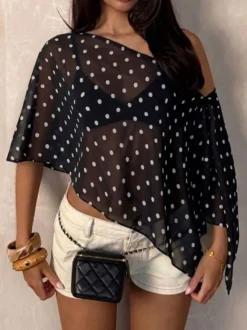 Débardeur noir à pois asymétrique col cranté pour femme
