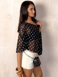 Débardeur noir à pois asymétrique col cranté pour femme