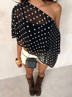 Débardeur noir à pois asymétrique col cranté pour femme