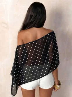 Débardeur noir à pois asymétrique col cranté pour femme
