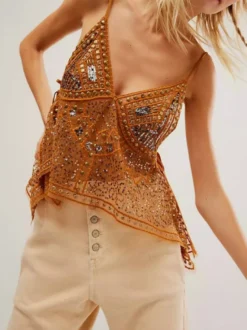 Débardeur orange à bretelles col à sequins et perles dos nu chic pour femmes