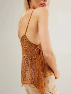 Débardeur orange à bretelles col à sequins et perles dos nu chic pour femmes