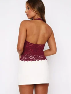 Débardeur rose à bretelles col en U dentelle dos nu chic pour femmes